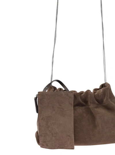Shop Brunello Cucinelli 'soft' Brown Shoulder Bag With Precious Chain In Suede Woman In White