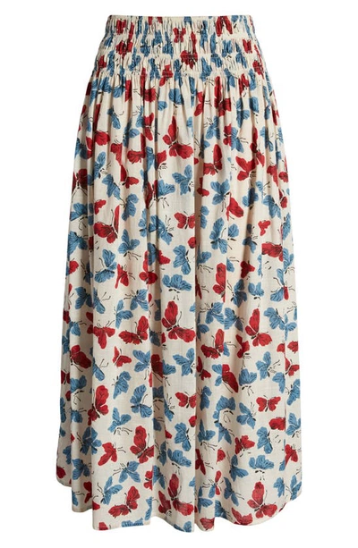 Shop The Great The Viola Butterfly Smocked Waist Cotton Midi Skirt In Butterfly Floral