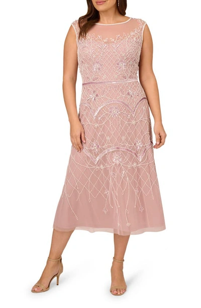 Shop Adrianna Papell Sequin Beaded Illusion Mesh Midi Dress In Dusted Petal/ Ivory