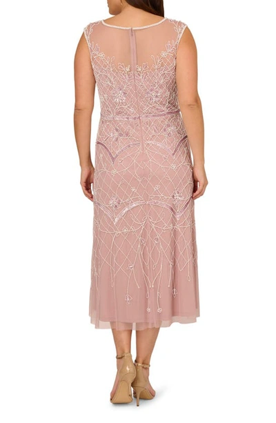 Shop Adrianna Papell Sequin Beaded Illusion Mesh Midi Dress In Dusted Petal/ Ivory