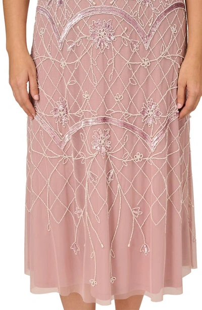 Shop Adrianna Papell Sequin Beaded Illusion Mesh Midi Dress In Dusted Petal/ Ivory