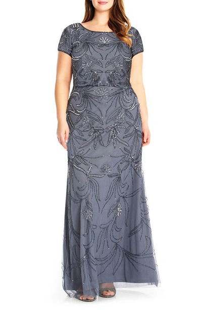 Adrianna Papell Petite Blouse Sequin Gown In Dusty Blue
