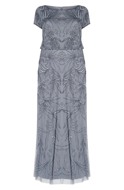 Adrianna Papell Petite Blouse Sequin Gown In Dusty Blue