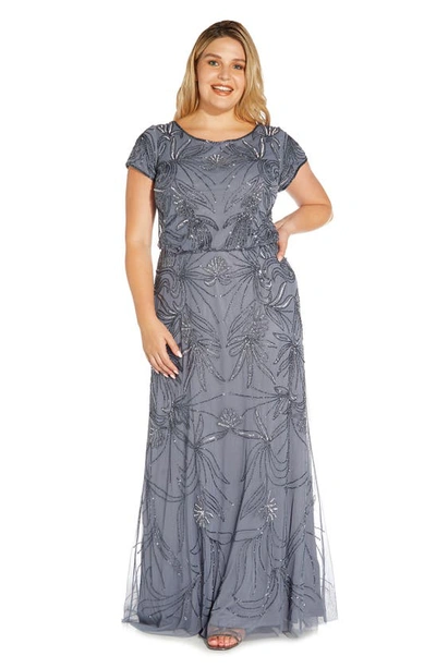 Adrianna Papell Petite Blouse Sequin Gown In Dusty Blue