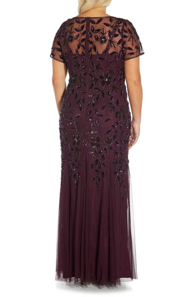 Shop Adrianna Papell Beaded Floral Godet Gown In Night Plum