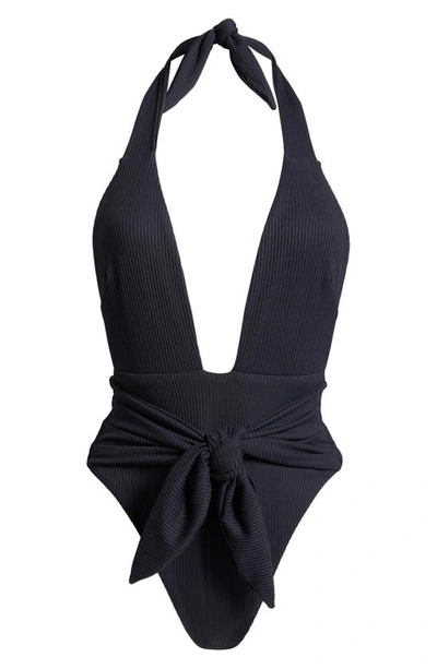 Shop Montce Tropez Tie Waist Halter One-piece Swimsuit In Black Rib
