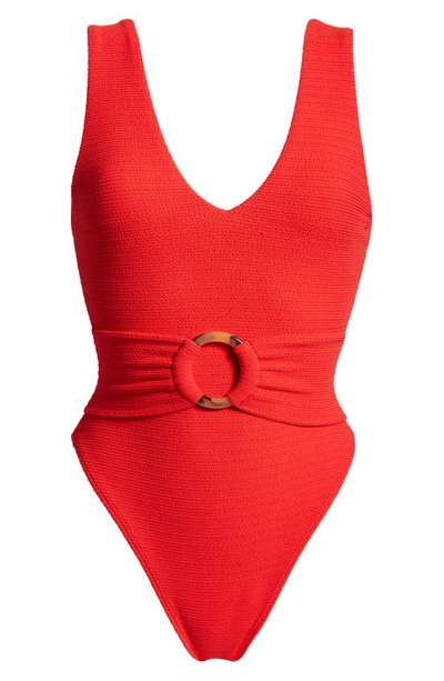 Shop Montce Kim Belted Scrunch One-piece Swimsuit In Crimson Micro Scrunch