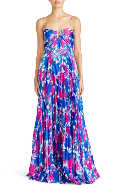 Shop ml Monique Lhuillier Evelyn Floral Pleated Satin Gown In Hydrangea Gardens