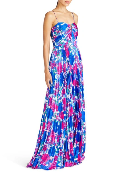 Shop ml Monique Lhuillier Evelyn Floral Pleated Satin Gown In Hydrangea Gardens