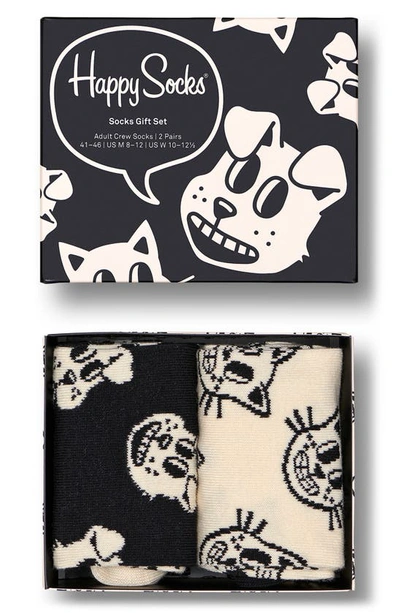 Shop Happy Socks Pets Print Assorted 2-pack Cotton Blend Crew Socks Gift Set In Black
