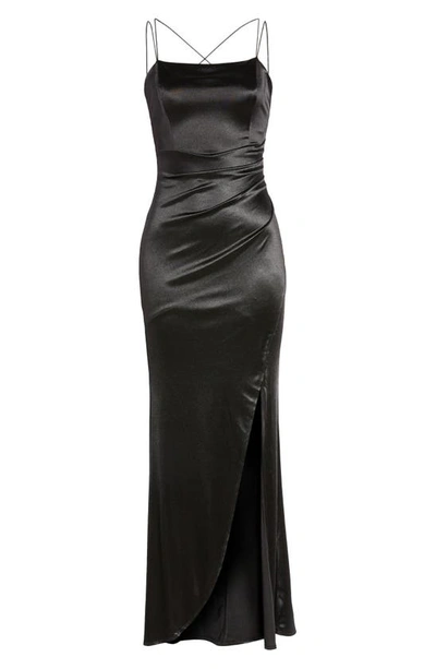 Shop Emerald Sundae Ruched Crossback Satin Gown In Black