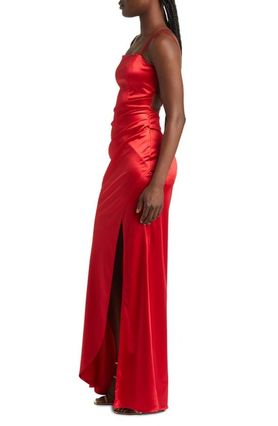 Shop Emerald Sundae Ruched Crossback Satin Gown In Red