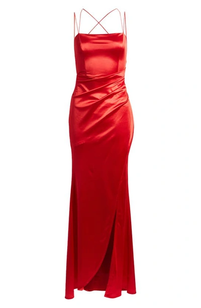 Shop Emerald Sundae Ruched Crossback Satin Gown In Red