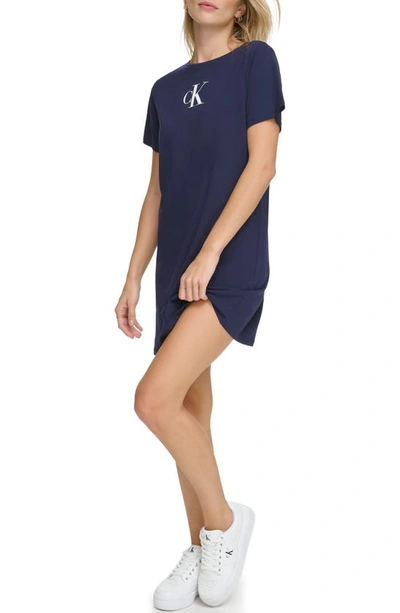 Shop Calvin Klein Monogram Logo Cover-up T-shirt Dress In Navy