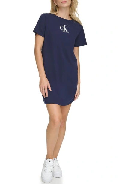 Shop Calvin Klein Monogram Logo Cover-up T-shirt Dress In Navy