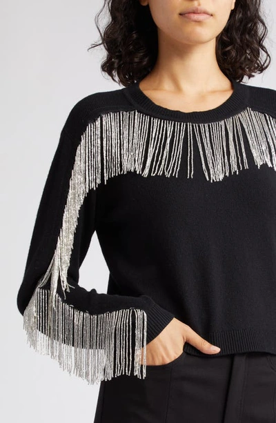 Shop Cinq À Sept Althea Beaded Fringe Sweater In Black/ Silver
