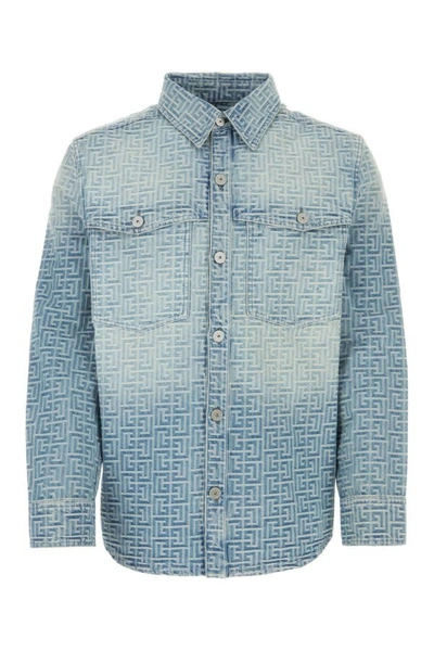 Shop Balmain Man Embroidered Denim Shirt In Blue