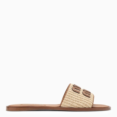 Shop Miu Miu Beige And Brown Leather Slide Sandal With Logo Women In White