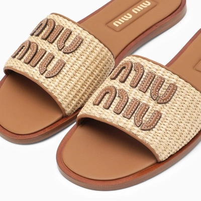 Shop Miu Miu Beige And Brown Leather Slide Sandal With Logo Women In White