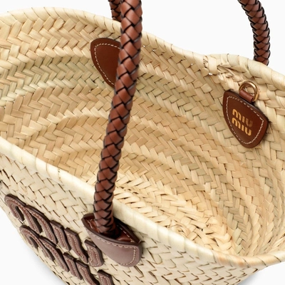 Shop Miu Miu Beige Small Straw Shoulder Bag With Logo Women In Brown