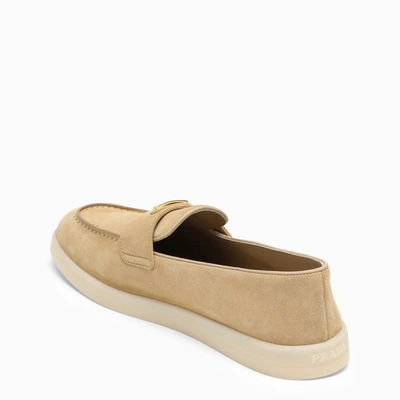 Shop Prada Écru Suede Loafer With Logo Women In Cream