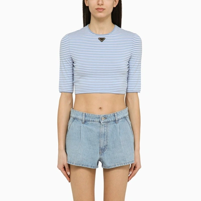 Shop Prada Light Blue/white Striped Cropped Cotton T-shirt With Logo Women