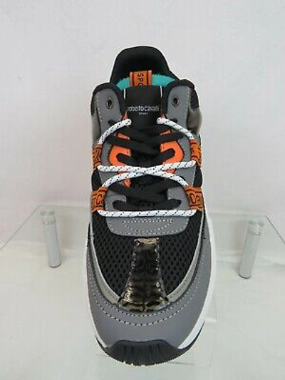 Pre-owned Roberto Cavalli Sport Gray Black Leather Suede Mesh Logo Sneakers 43 10