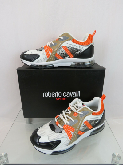 Pre-owned Roberto Cavalli Leather Brown Snake Print Orange Mesh Logo Sneakers 43 10