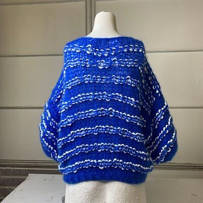 Pre-owned Maiami Wavy Short Sleeve Sweater Women's Size S/m Electric Blue/white