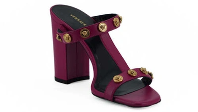 Pre-owned Versace Women Purple Sandals Leather Medusa Logo Strappy Slide Block Heels Shoes