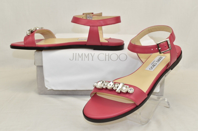 Pre-owned Jimmy Choo City Onpa Pink Leather Ankle Strap Jeweled Sandals Flats 39.5