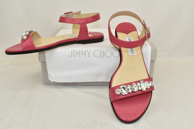 Pre-owned Jimmy Choo City Onpa Pink Leather Ankle Strap Jeweled Sandals Flats 39.5