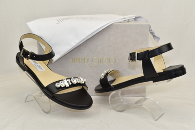 Pre-owned Jimmy Choo City Onpa Black Leather Ankle Strap Jeweled Sandals Flats 39