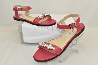 Pre-owned Jimmy Choo City Onpa Pink Leather Ankle Strap Jeweled Sandals Flats 39.5