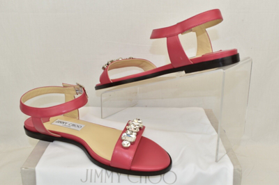 Pre-owned Jimmy Choo City Onpa Pink Leather Ankle Strap Jeweled Sandals Flats 39.5