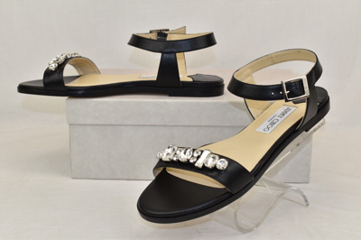 Pre-owned Jimmy Choo City Onpa Black Leather Ankle Strap Jeweled Sandals Flats 39