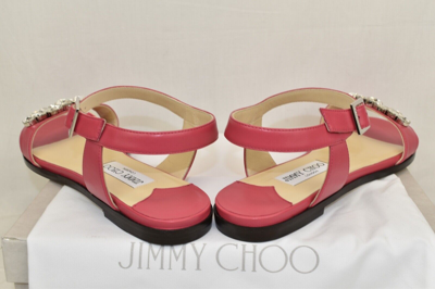 Pre-owned Jimmy Choo City Onpa Pink Leather Ankle Strap Jeweled Sandals Flats 39.5