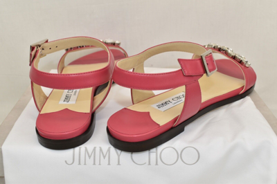 Pre-owned Jimmy Choo City Onpa Pink Leather Ankle Strap Jeweled Sandals Flats 39.5