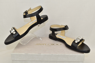 Pre-owned Jimmy Choo City Onpa Black Leather Ankle Strap Jeweled Sandals Flats 39