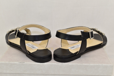 Pre-owned Jimmy Choo City Onpa Black Leather Ankle Strap Jeweled Sandals Flats 39