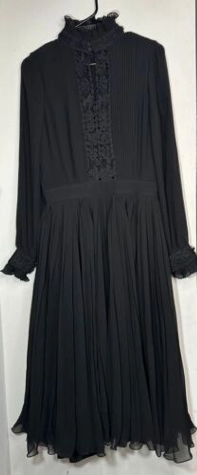 Pre-owned Polo Ralph Lauren Womens Georgette Dress Black 4 Lace-trim Pleated In Blue