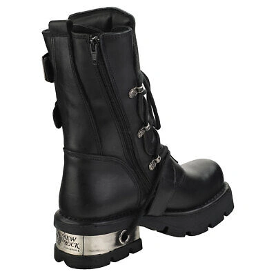 Pre-owned New Rock Rock Block-heel In Metal-look Unisex Black Platform Boots