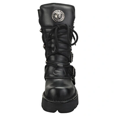 Pre-owned New Rock Rock Block-heel In Metal-look Unisex Black Platform Boots