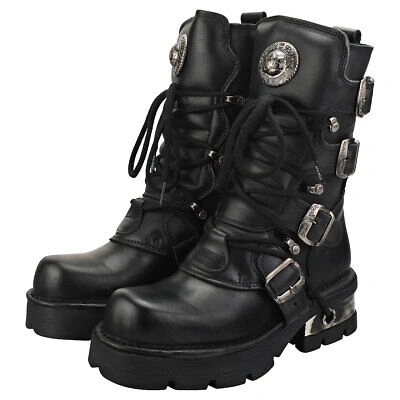 Pre-owned New Rock Rock Block-heel In Metal-look Unisex Black Platform Boots