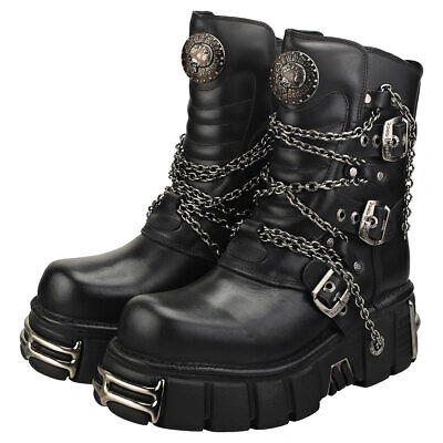 Pre-owned New Rock Rock Straps And Chains Unisex Black Platform Boots