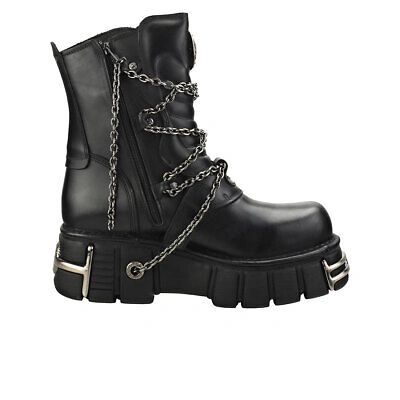 Pre-owned New Rock Rock Straps And Chains Unisex Black Platform Boots - 7 Us