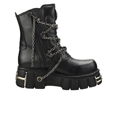 Pre-owned New Rock Rock Straps And Chains Unisex Black Platform Boots - 9 Us
