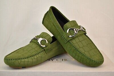 Pre-owned Jimmy Choo Brogan Light Olive Croc Print Suede Handcuff Driving Loafers 39 6