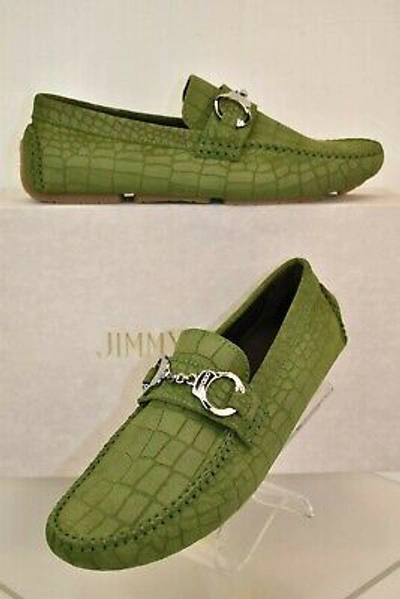 Pre-owned Jimmy Choo Brogan Light Olive Croc Print Suede Handcuff Driving Loafers 39 6