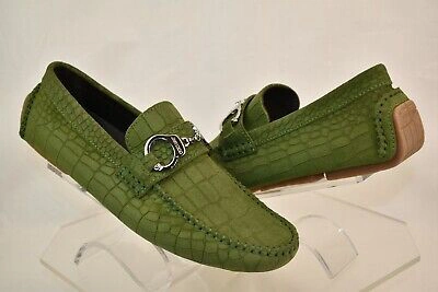 Pre-owned Jimmy Choo Brogan Light Olive Croc Print Suede Handcuff Driving Loafers 39 6